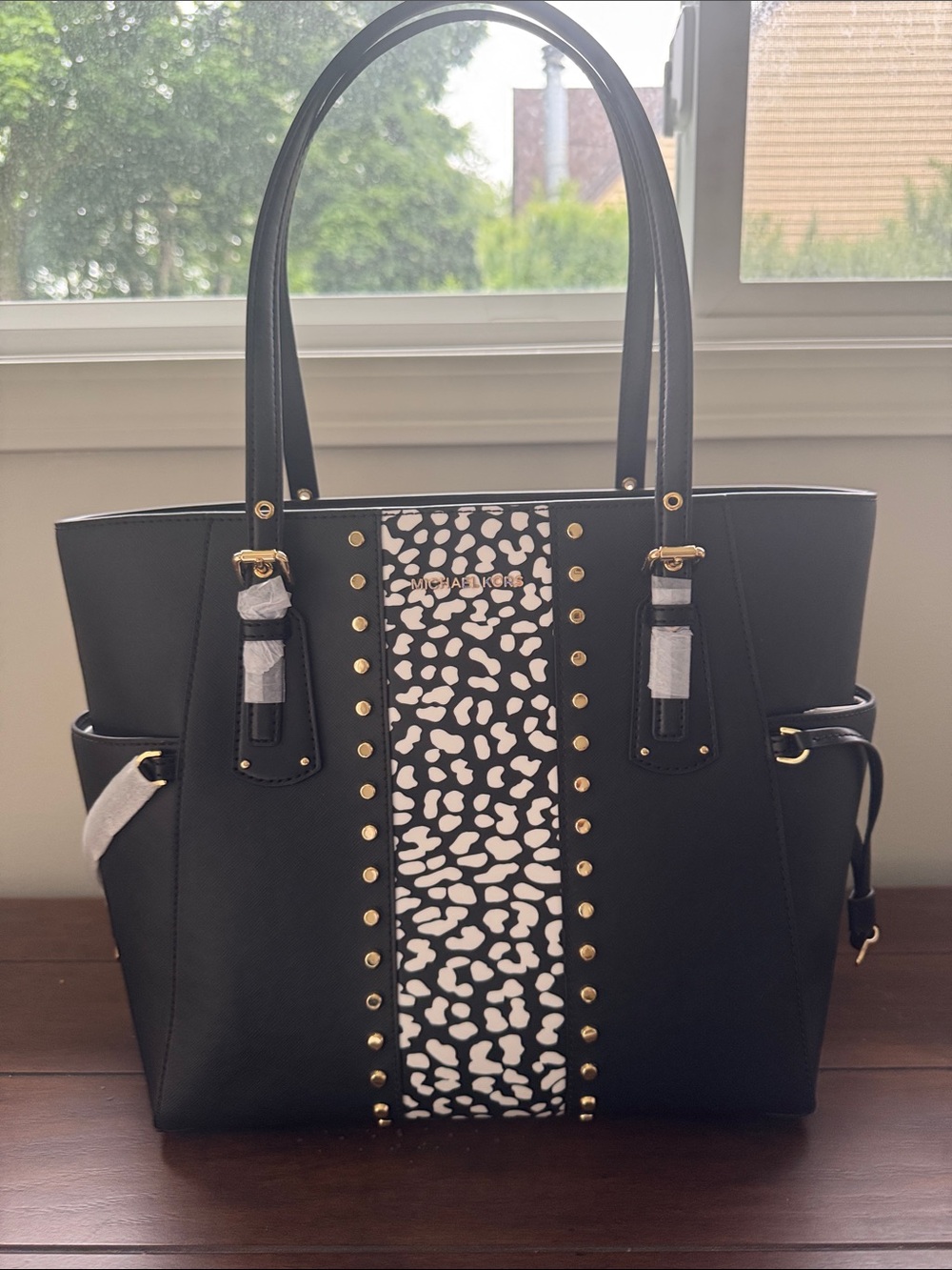 Michael Kors NWT Black Tote with White Leopard-Print Center and Gold Studs